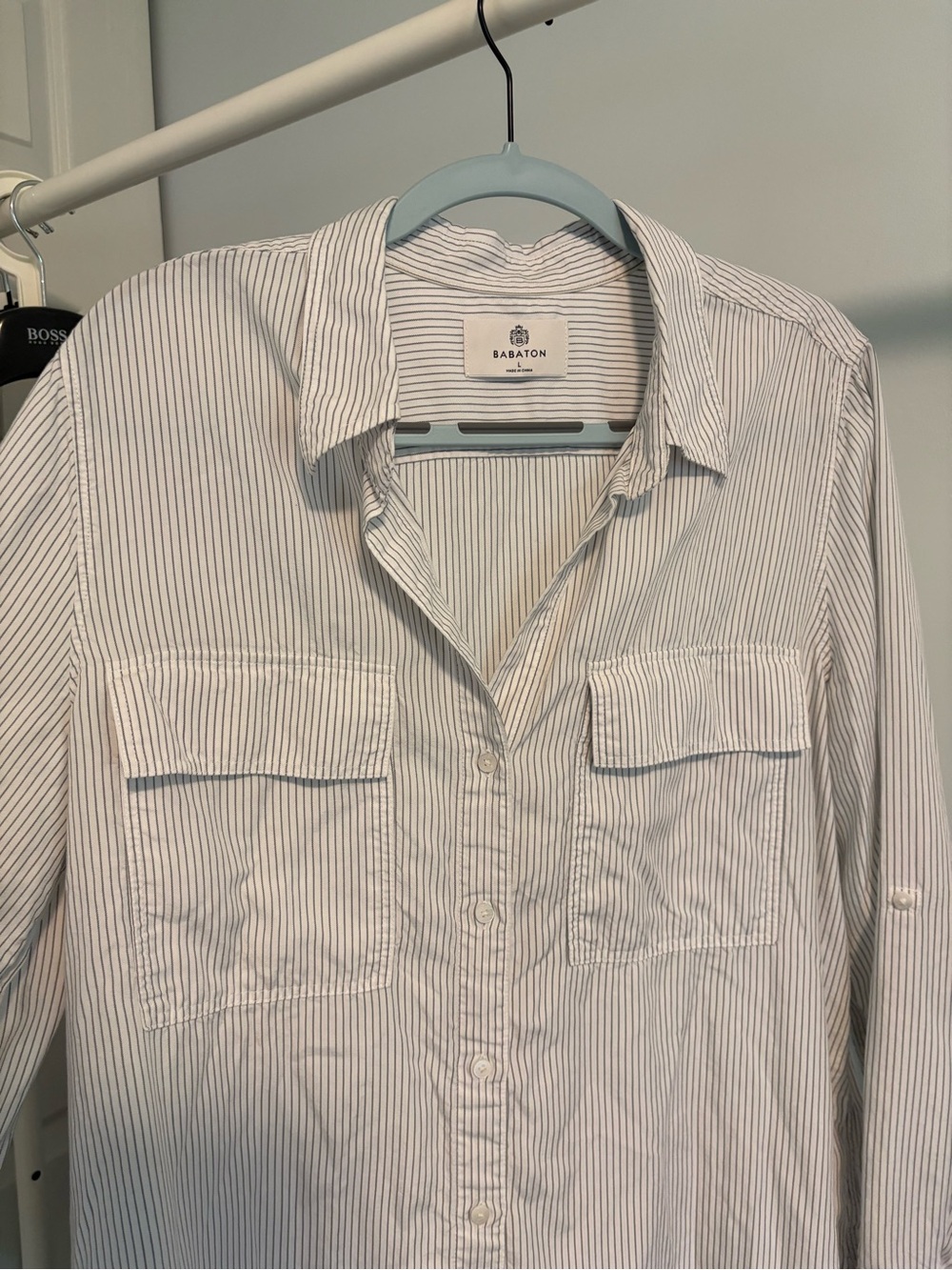 Babaton White Shirt with Thin Black Pinstripes - Picture 2 of 2